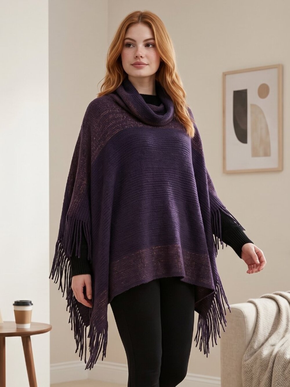 Arianna by Howard's Women’s Cowl Neck Poncho w/Fringe Plum Purple One Size
